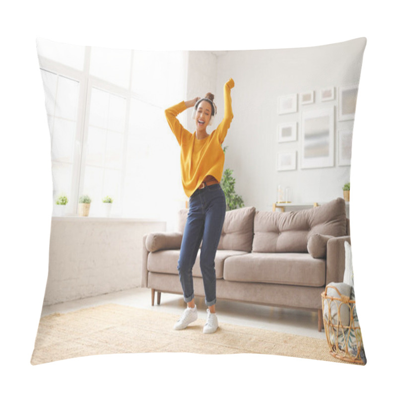 Personality  Full Length Of Overjoyed Teenage Girl In Casual Wear Wearing Headphones Listening Favourite Music And Dancing While Spending Carefree Time In Living Room At Home. Excited Female Enjoying Leisure Pillow Covers