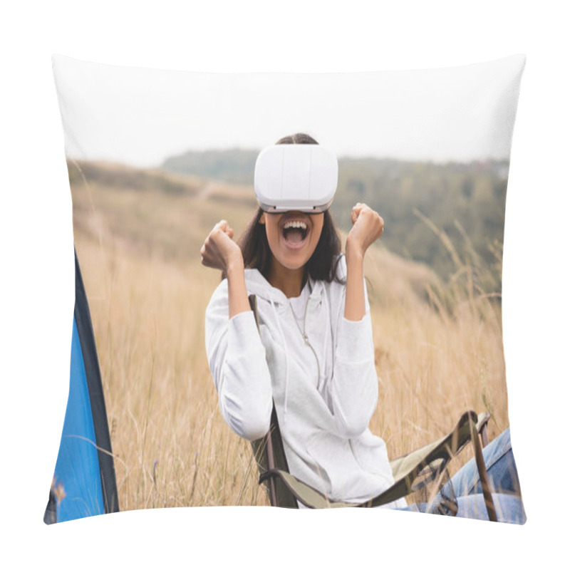 Personality  Cheerful African American Woman Using Virtual Reality Headset On Chair Near Tent On Field  Pillow Covers