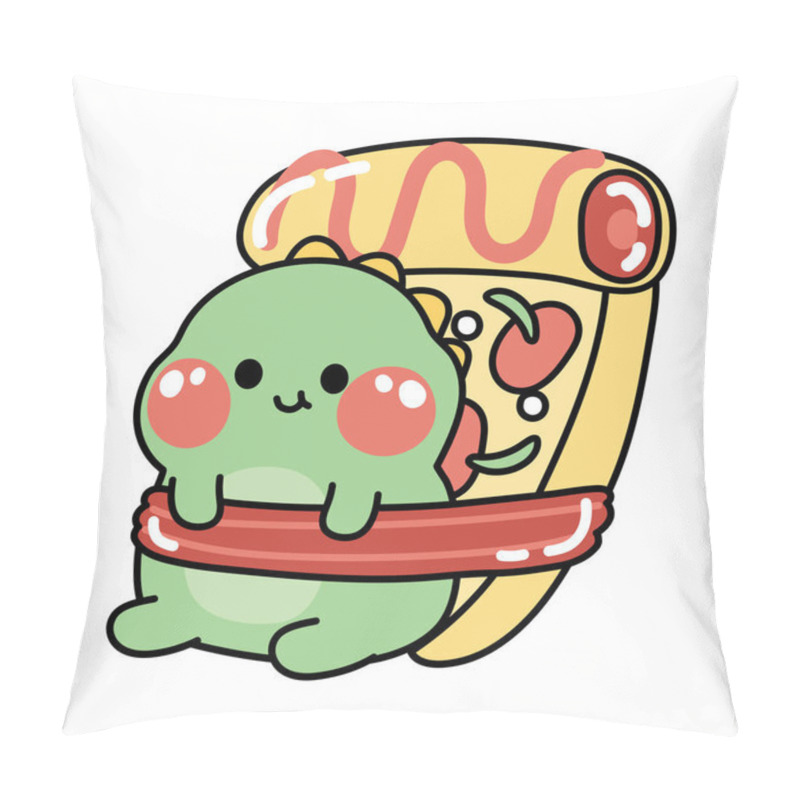 Personality  Pizza With Cute Dinosaur Sit On White Background.Fastfood.Funny Animal Character Cartoon Design.Isolated.Kawaii.Vector.Illustration. Pillow Covers