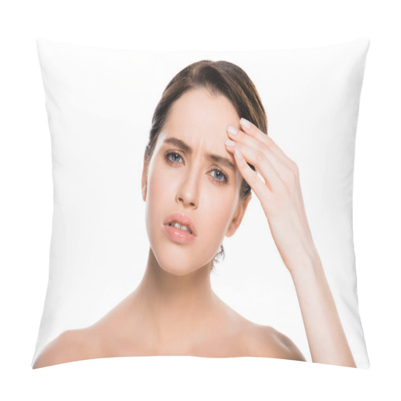 Personality  Sad Naked Woman Touching Face And Looking At Camera Isolated On White  Pillow Covers