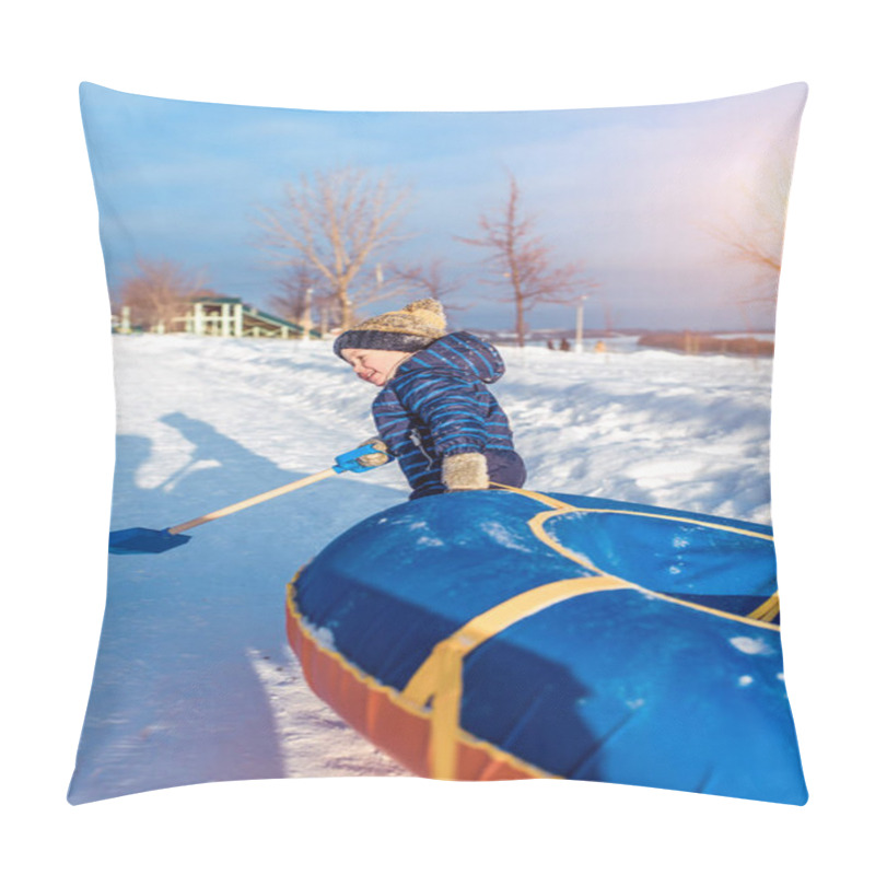 Personality  The Little Boy Pulls The Tubing. In Hands Of Holding A Spatula. In Winter, The City Plays On A Roller Coaster A Happy Child. Pillow Covers