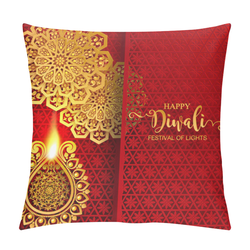 Personality  Happy Diwali Festival Card With Gold Diya Patterned And Crystals On Paper Color Background. Pillow Covers