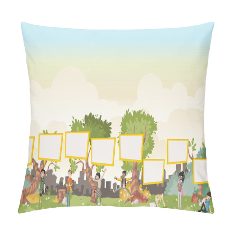 Personality  Cartoon Teenagers Talking With Speech Bubbles In On Beautiful Park Pillow Covers