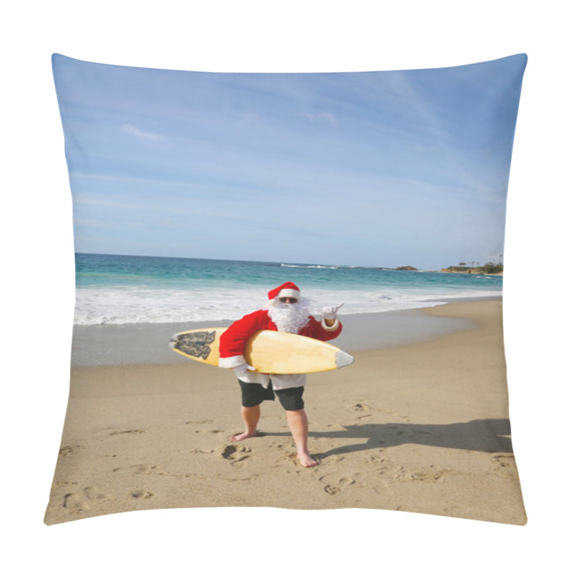 Personality  Surfing Santa Claus. Christmas. Christmas Vacation. Surfing Santa. Surf Board. Hang Ten. Santa Claus Checks Out The Waves While On Vacation. Santa Surfs On Christmas Eve. Santa Claus And Surf Board. Santa Claus Surfs On His Surf Board. Surfs Up.  Pillow Covers