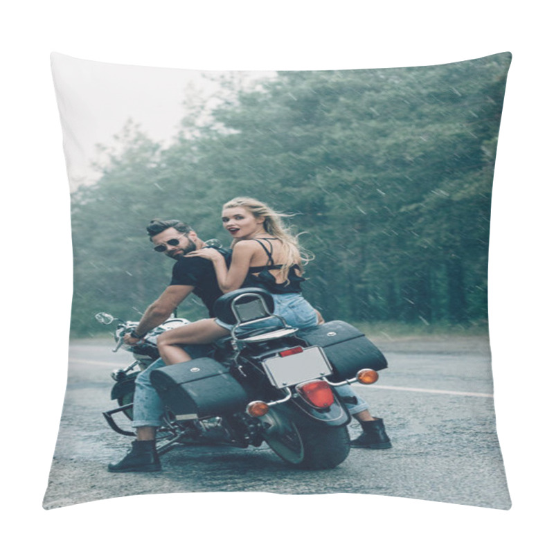 Personality  Young Couple Of Bikers Riding Black Motorcycle Near Green Forest At Stormy Weather Pillow Covers