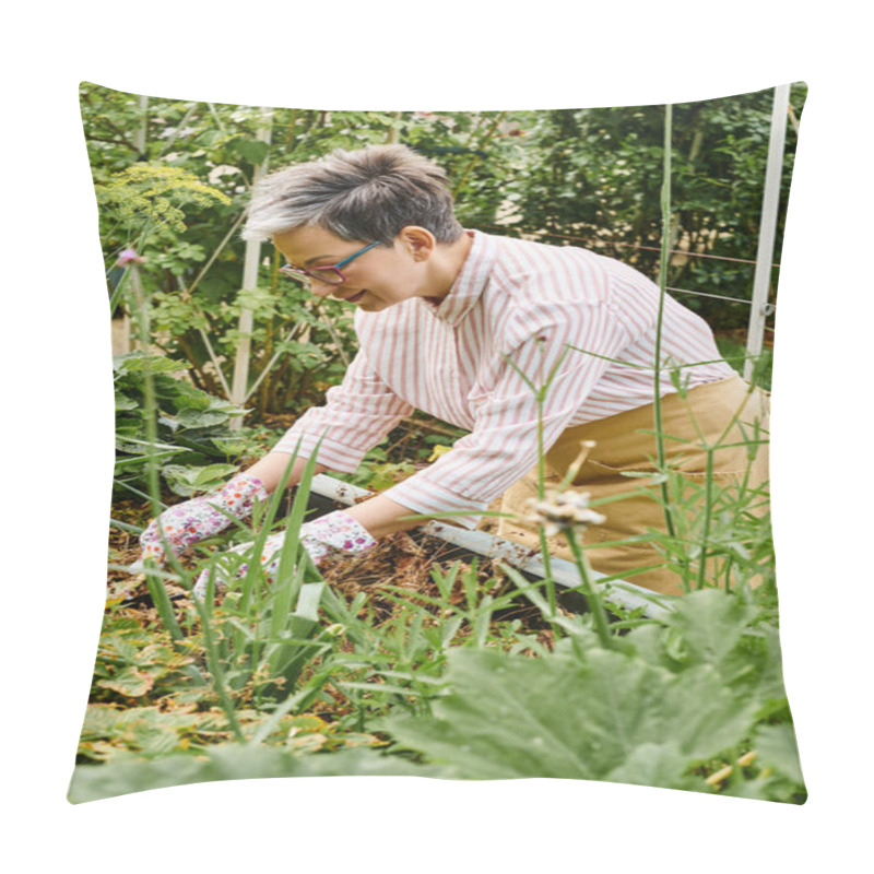 Personality  Good Looking Happy Mature Woman With Glasses Working In Her Vivid Green Garden And Smiling Joyfully Pillow Covers