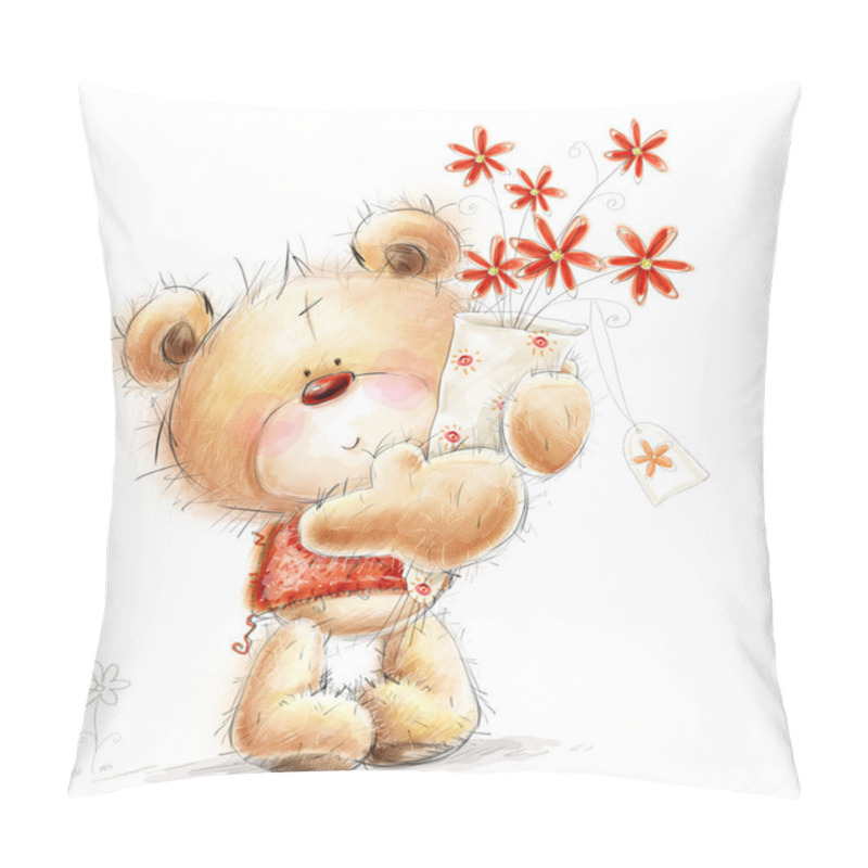 Personality  Cute Teddy Bear With The Red Flowers. Background With Bear And Flowers. Hand Drawn Teddy Bear Isolated On White Background.Valentines Greeting Card. Love Design.I Love Pillow Covers