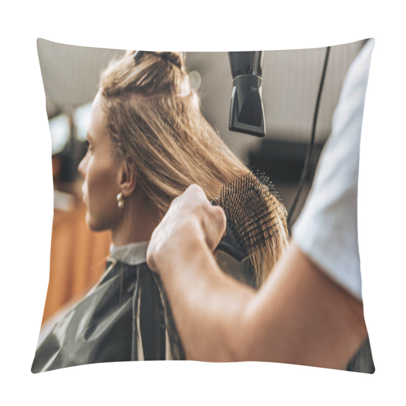 Personality  Cropped Shot Of Hairdresser Drying Hair To Attractive Girl In Beauty Salon   Pillow Covers