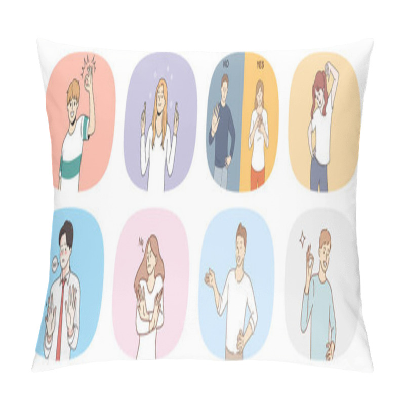 Personality  Collection Of Diverse People Show Yes And No Hand Gestures. Set Of Men And Women Demonstrate Different Emotions. Body Language And Nonverbal Communication. Vector Illustration.  Pillow Covers