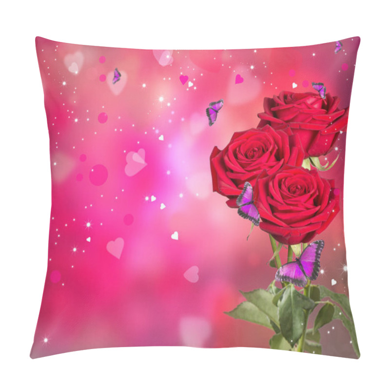 Personality  Roses Red And Hearts Background. Valentine Concept. Nature And Beautiful Red Roses Bouquet On Abstract Background. St. Valentine's Day Pillow Covers