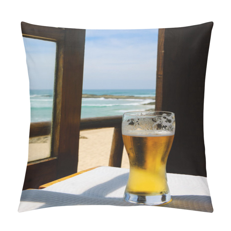 Personality  Cold Beer On Cafe Terrace With The View On The Ocean Beach Through The Opened Window. Algarve, Portugal. A Game Of Light An Shadow. Pillow Covers