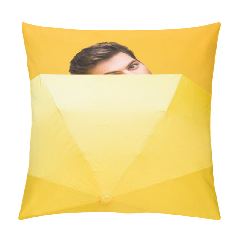 Personality  Handsome Man Covering Face With Umbrella Isolated On Yellow Pillow Covers