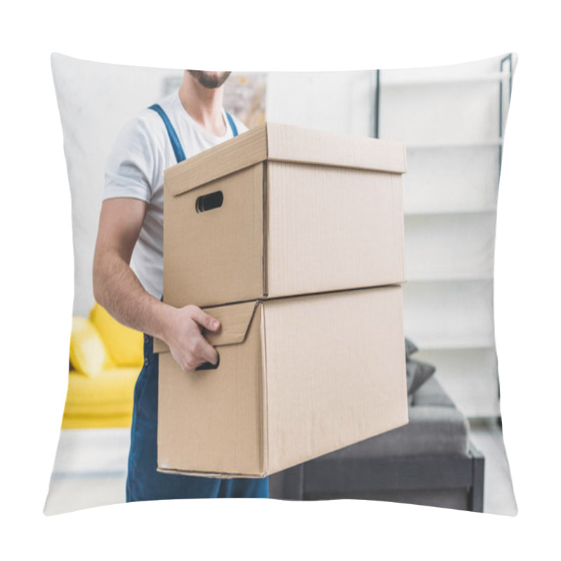 Personality  Cropped View Of Mover In Uniform Carrying Cardboard Boxes In Apartment Pillow Covers