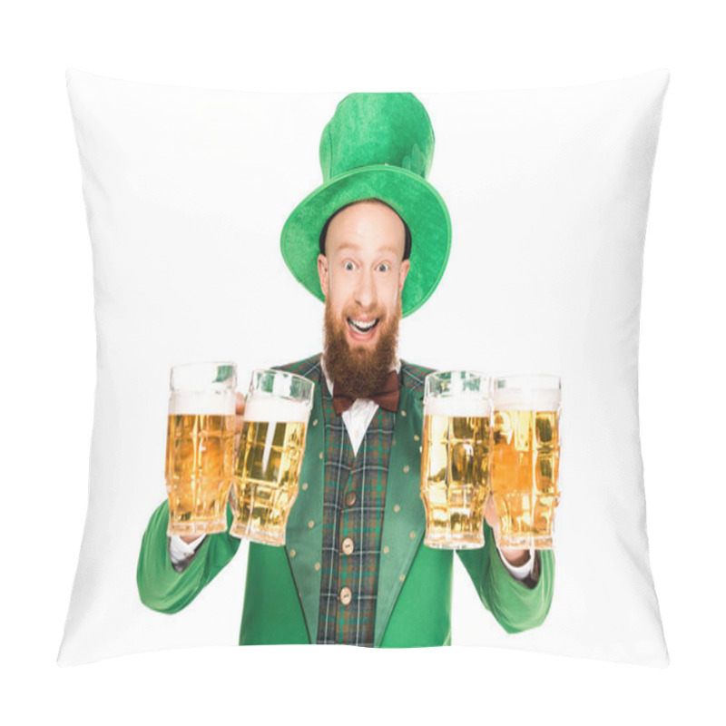 Personality  Excited Leprechaun Celebrating St Patricks Day With Glasses Of Beer, Isolated On White Pillow Covers