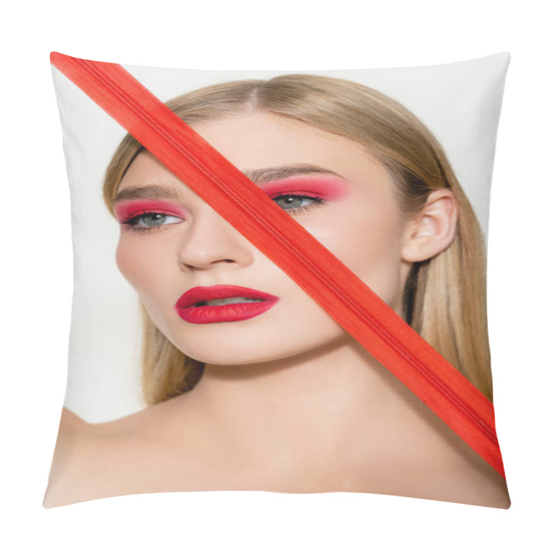 Personality  Young Model With Red Visage Holding Zipper Isolated On White  Pillow Covers