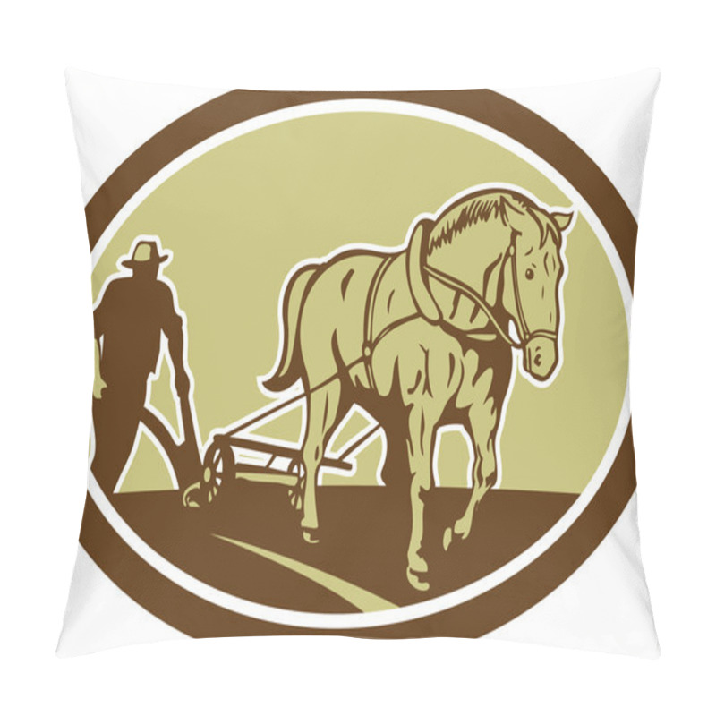 Personality  Horse And Farmer Plowing Farm Oval Retro Pillow Covers