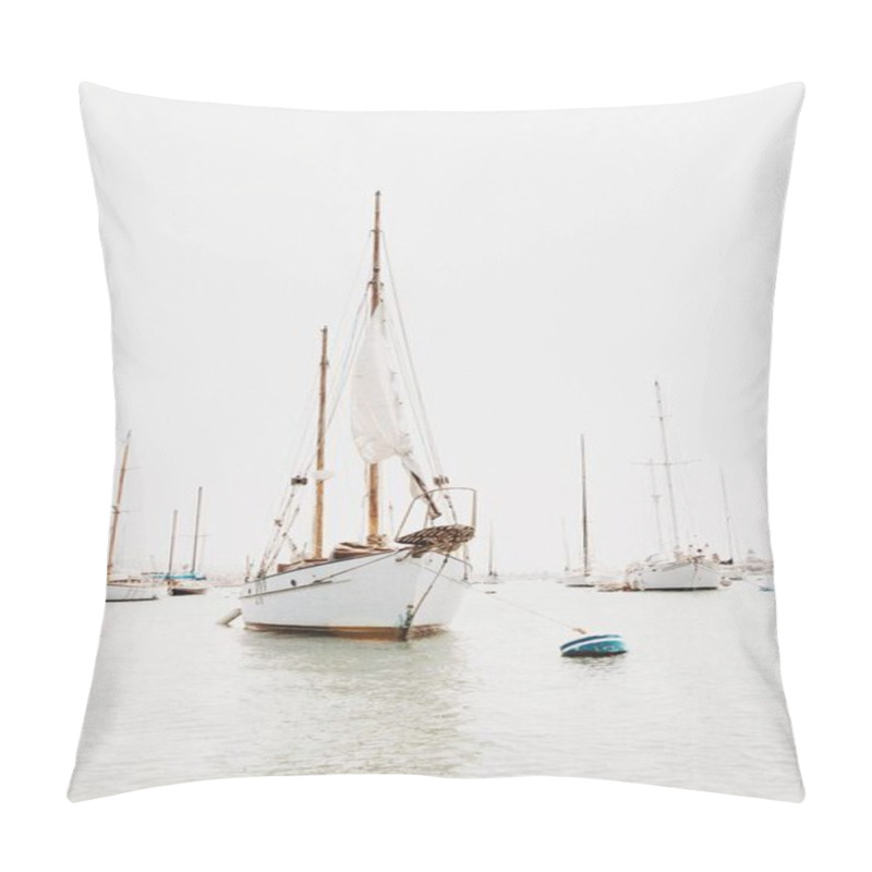 Personality  A Vertical Shot Of White Sailboats Waiting For Adventurous Passengers In Newport Beach, California. Pillow Covers