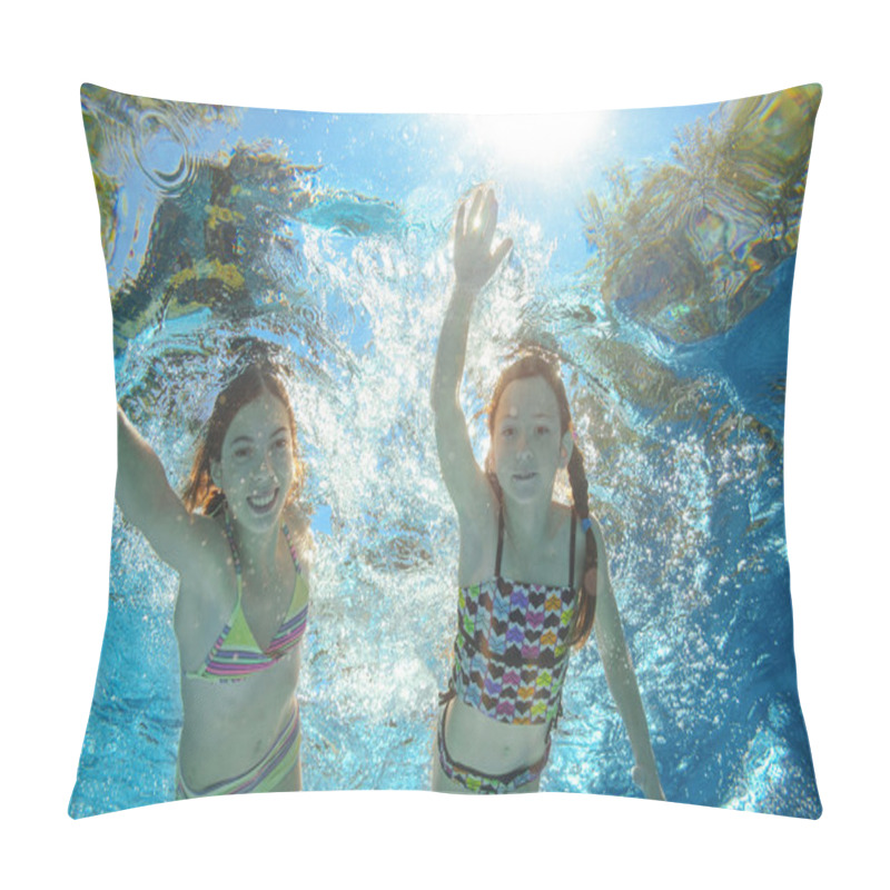 Personality  Children Swim In Pool Or Sea Underwater, Happy Active Girls Have Fun In Water, Kids Sport On Family Vacation Pillow Covers