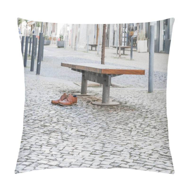 Personality  Brown Leather Shoes On A Cobblestone Pavement Next To A Bench In An Urban Setting. Pillow Covers