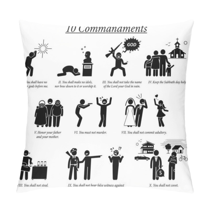 Personality  The 10 Commandment Icons And Pictogram. Illustration Depict Ten Commandments Teaching, Beliefs, And Moral Value By Christian God Religion. Pillow Covers