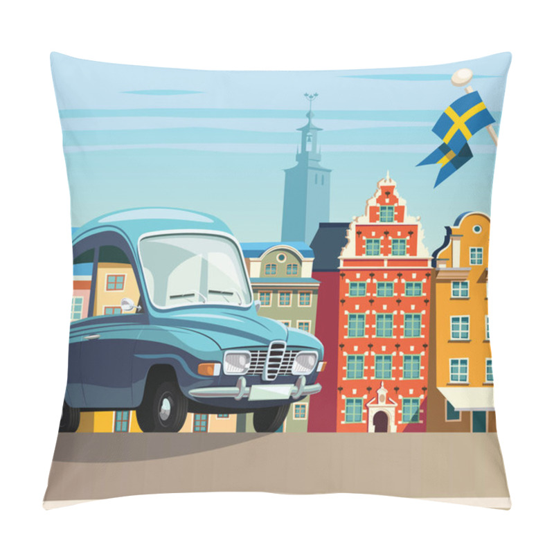 Personality  Little Blue Car In Stockholm And The Gamla Stan In Background Pillow Covers