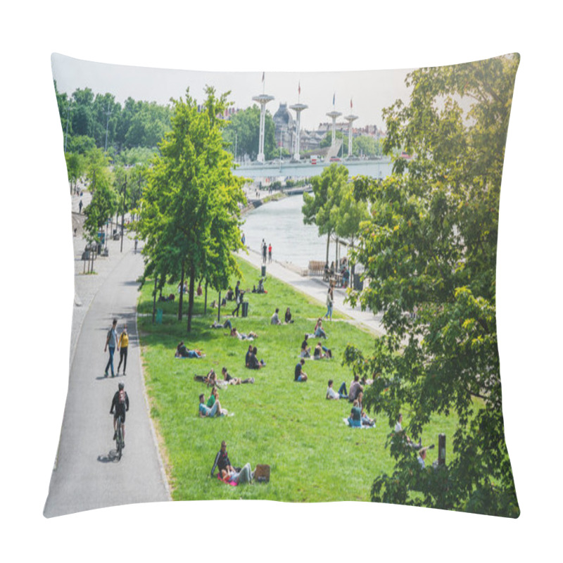 Personality  Lyon France, 16 May 2020 : People Doing Outdoor Activities On Rhone River Bank  On The First Weekend Of The Unlockdown In Lyon France Pillow Covers