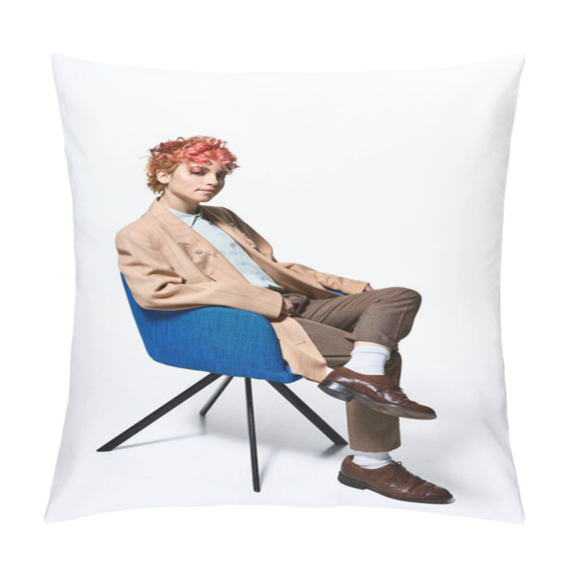 Personality  Extraordinary Woman With Fiery Red Hair Relaxes On A Sleek Blue Chair. Pillow Covers