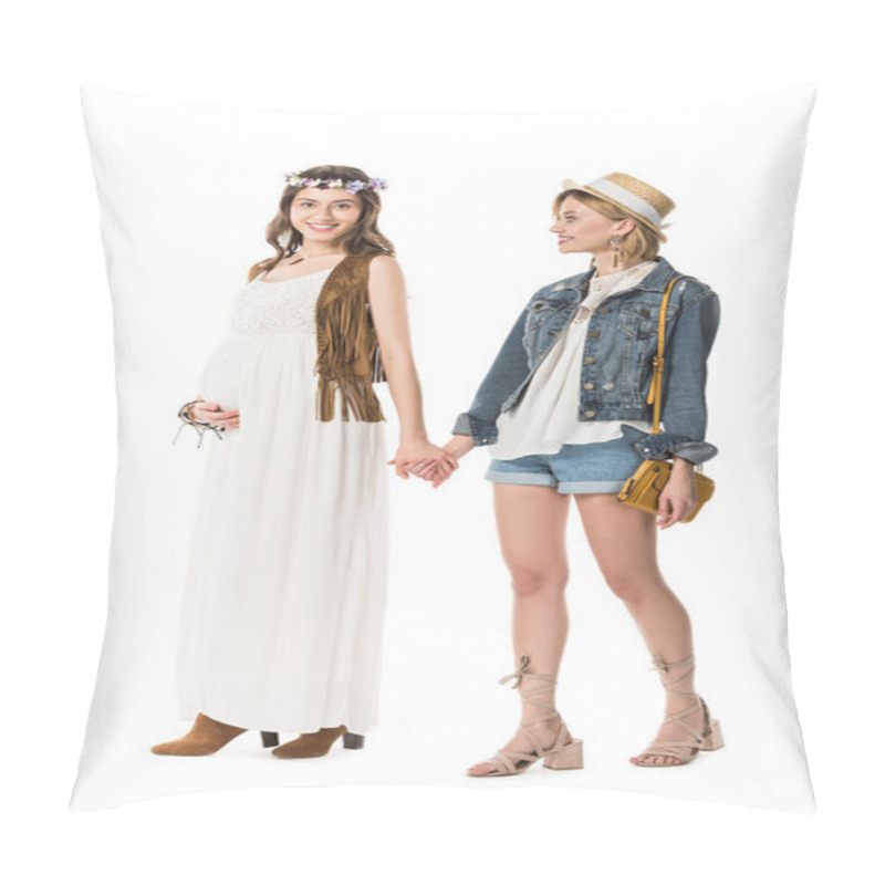 Personality  Full Length View Of Bisexual Hippie Couple Expecting Baby And Holding Hands Isolated On White Pillow Covers