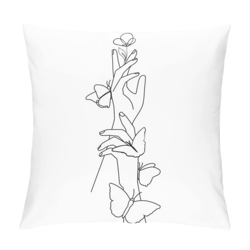 Personality  Hands, Flower And Butterflies In One Line. Vector Illustration Of A Trendy Minimalist Style. Design, Logo, Natural Cosmetics Pillow Covers