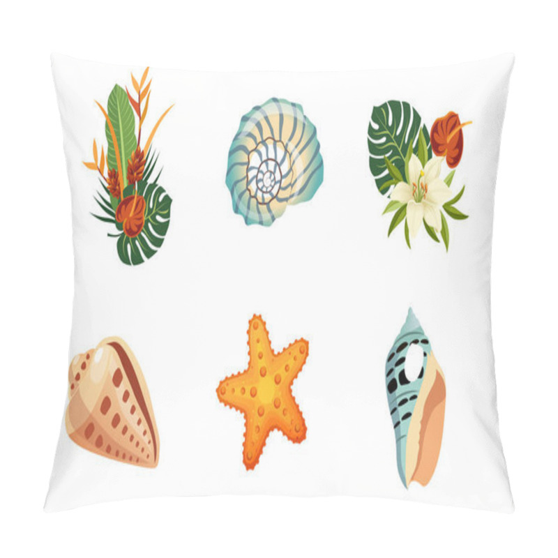 Personality  Sea Shells, Palm Leaves And Flowers Set, Exotic Tropical Landscape Design Elements Vector Illustration Pillow Covers