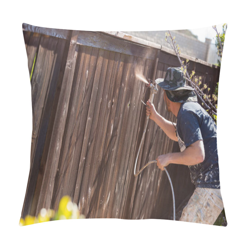 Personality  Professional Painter Spraying Yard Fence With Stain Pillow Covers