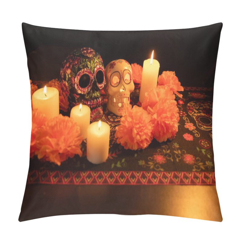 Personality  View From Above Of A Skull Embellished With Metallic Flowers, Surrounded By Vivid Orange Marigolds And Lit Candles. The Black Backdrop And Day Of The Dead Themed Tablecloth Complete The Scene. Pillow Covers