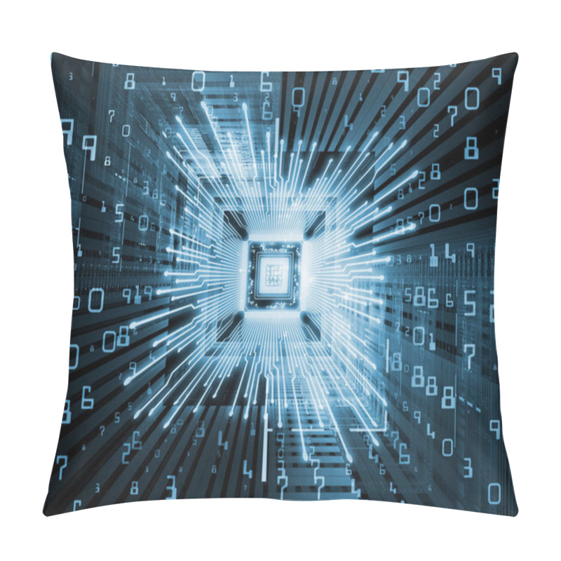 Personality  Computing Machine Series. 3D Illustration Of CPU With Fractal Environment In Perspective With Metaphorical Relationship To Computer Science, Digital World, Virtual Reality And Modern Technology Pillow Covers