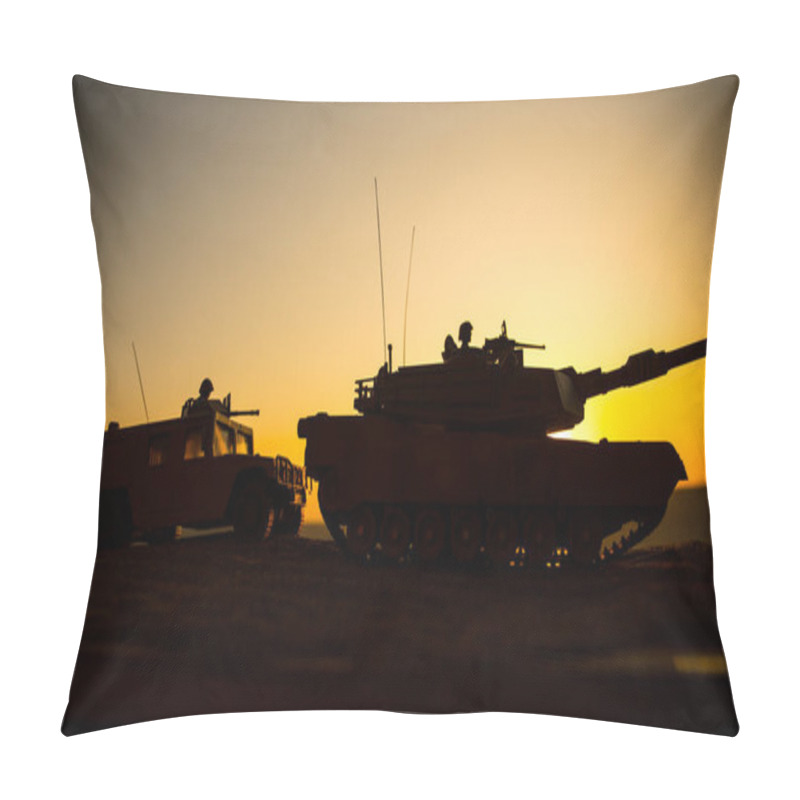 Personality  Military Patrol Car On Sunset Background. Army War Concept. Silhouette Of Armored Vehicle With Soldiers Ready To Attack. Artwork Decoration. Selective Focus Pillow Covers