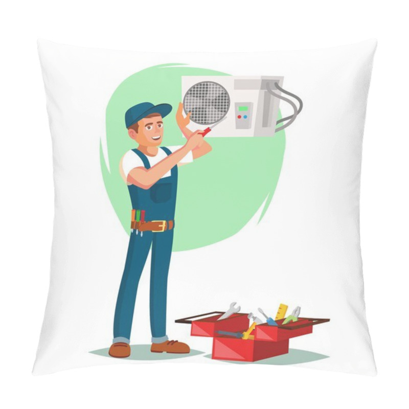 Personality  Air Conditioner Repair Service Vector. Young Man Repairing Air Conditioner. Cartoon Character Illustration Pillow Covers