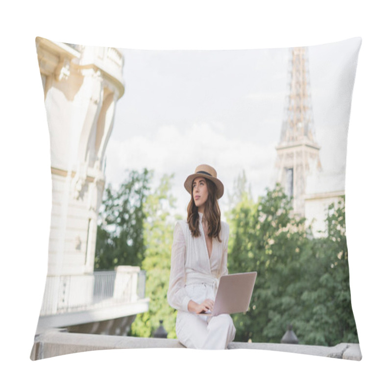 Personality  Trendy Stylish Freelancer In Sun Hat Using Laptop On Street With Eiffel Tower At Background In Paris  Pillow Covers