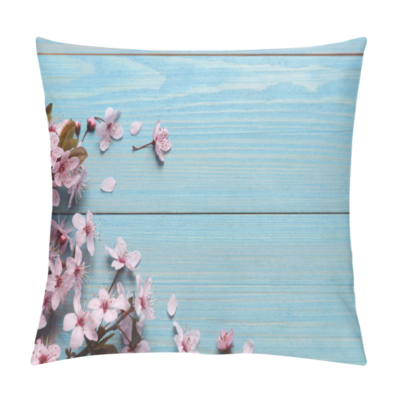 Personality  Blossoming Spring Tree Branches On Light Blue Wooden Table, Flat Lay. Space For Text Pillow Covers