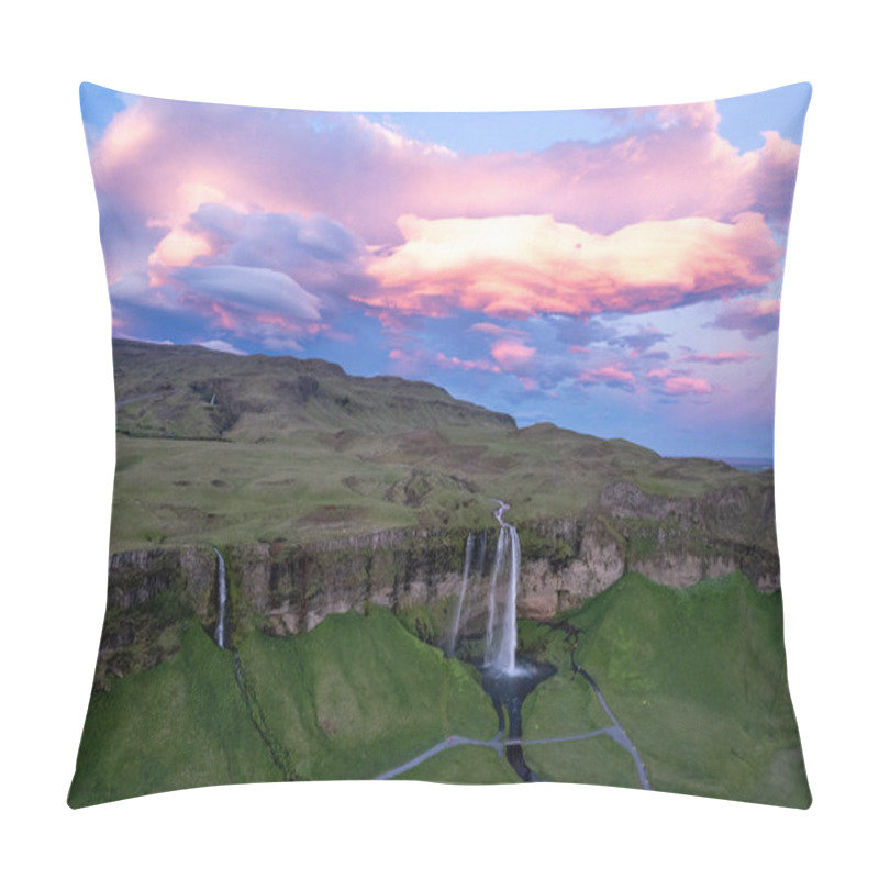 Personality  Aerial View Of Serene Seljalandsfoss Waterfall Cascades Over Lush Greenery, Surrounded By Dramatic Cliffs Under A Breathtakingly Vibrant Sunset Sky In Area Of Golden Circle In Iceland Pillow Covers