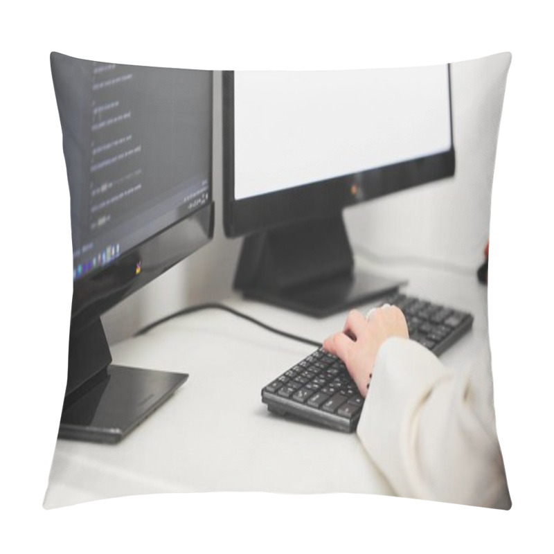 Personality  Scrolling The HTML Web Page Code. Young Female Programmer Pillow Covers