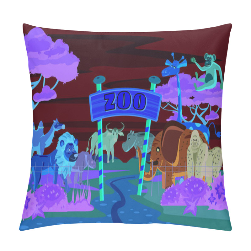 Personality  Zoo Entrance Gates Cartoon Poster With Elephant Giraffe Lion Safari Animals And Visitors On Territory Vector Illustration Pillow Covers