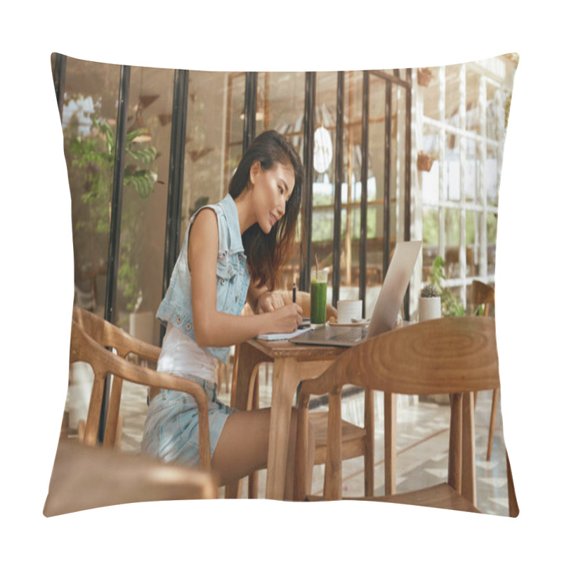 Personality  Work. Woman With Laptop At Coffee Shop. Asian Girl In Jeans Outfit Writing In Planner Book At Cafe. Remote Working Or Online Studying On Vacation With Modern Digital Technologies. Pillow Covers