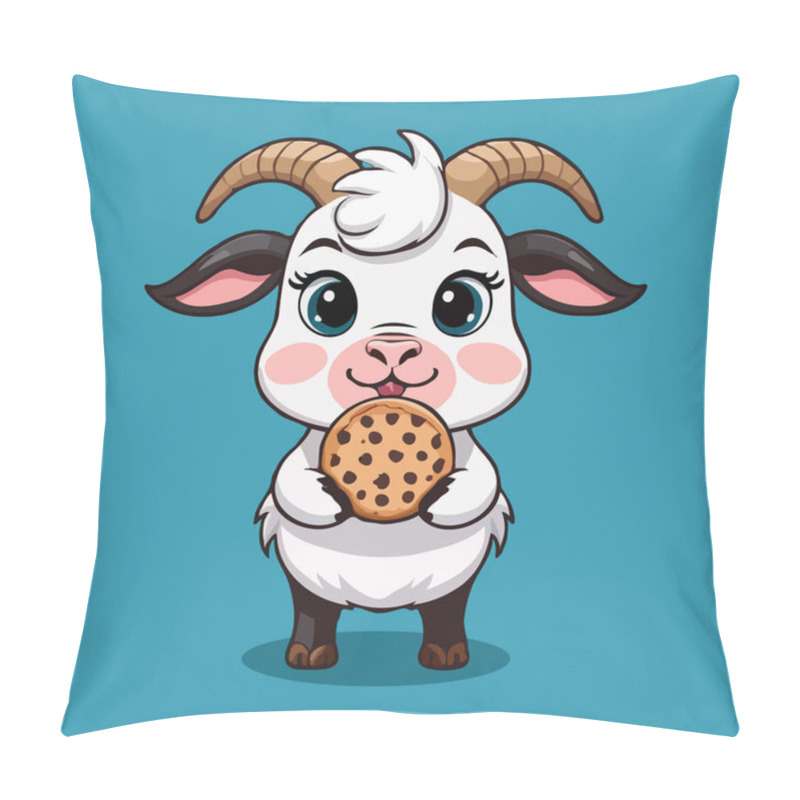 Personality  A Cute Goat Character With Large Eyes And Horns, Happily Holding A Chocolate Chip Cookie Against It. Pillow Covers