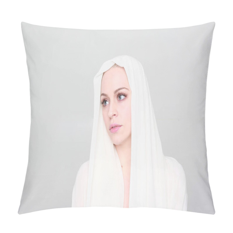 Personality  Close Up Portrait Of Blonde Woman With Clean Skin And Blue Eyes.  Great Studio Background. Pillow Covers