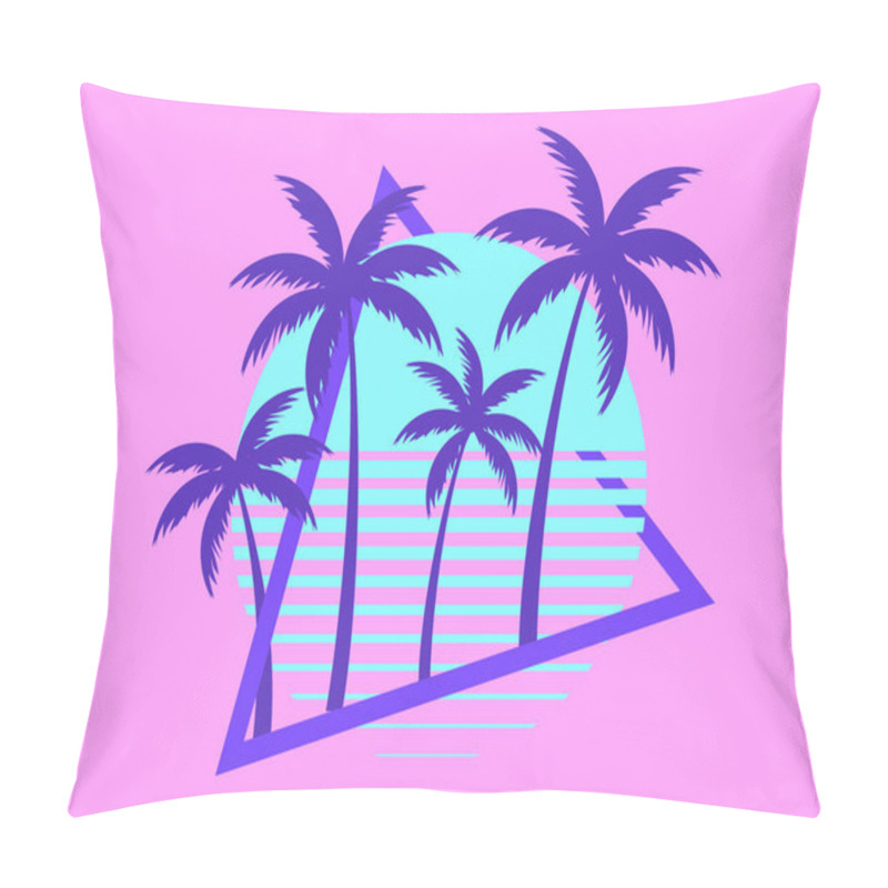 Personality  80s Retro Sci-fi Palm Trees On A Sunset. Retro Futuristic Sun With Palm Trees. Summer Time. Synthwave And Retrowave Style. Design For Advertising Brochures, Banners And Posters. Vector Illustration Pillow Covers