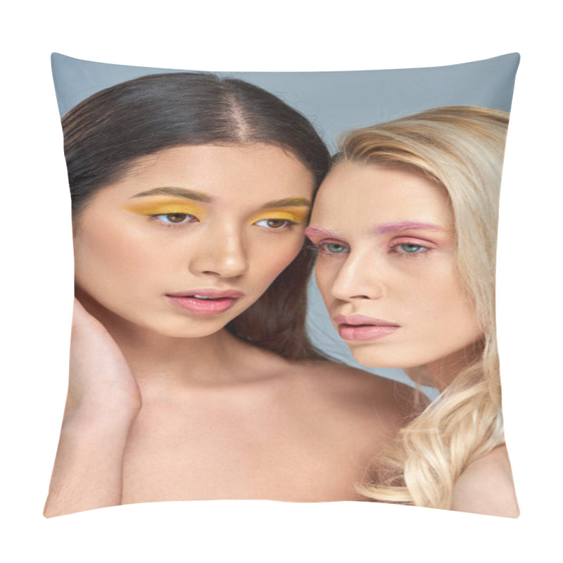 Personality  Multicultural Models With Bold Eye Makeup Posing Together On Blue Backdrop, Beauty Trend Concept Pillow Covers