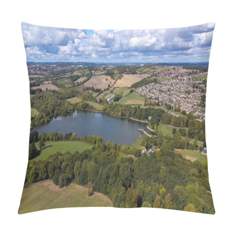 Personality  Aerial Drone Photo Of The Large Worsbrough Reservoir In The Village Of Worsbrough, Barnsley In Sheffield In The UK, Showing The British Village And Housing Estates In The Summer Time Pillow Covers