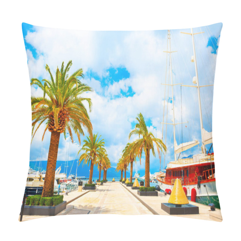 Personality  Beautiful Sea Promenade In Tivat, Montenegro. Sea Port With Yachts. Kotor Bay, Adriatic Sea. Famous Travel Destination. Pillow Covers