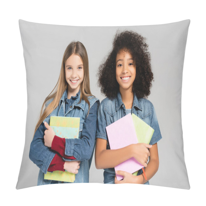 Personality  Joyful, Trendy Interracial Schoolgirls Holding Books And Smiling At Camera Isolated On Grey Pillow Covers