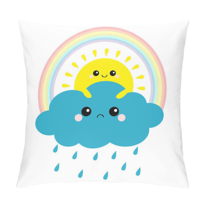 Personality  Sun Holding Cloud, Rainbow Set. Smiling Sad Face. Rain Drop Weather. Friends Forever. Fluffy Clouds. Cute Cartoon Cloudscape. Cloudy Weather Sign Symbols. Flat Design White Background Isolated. Vector Pillow Covers