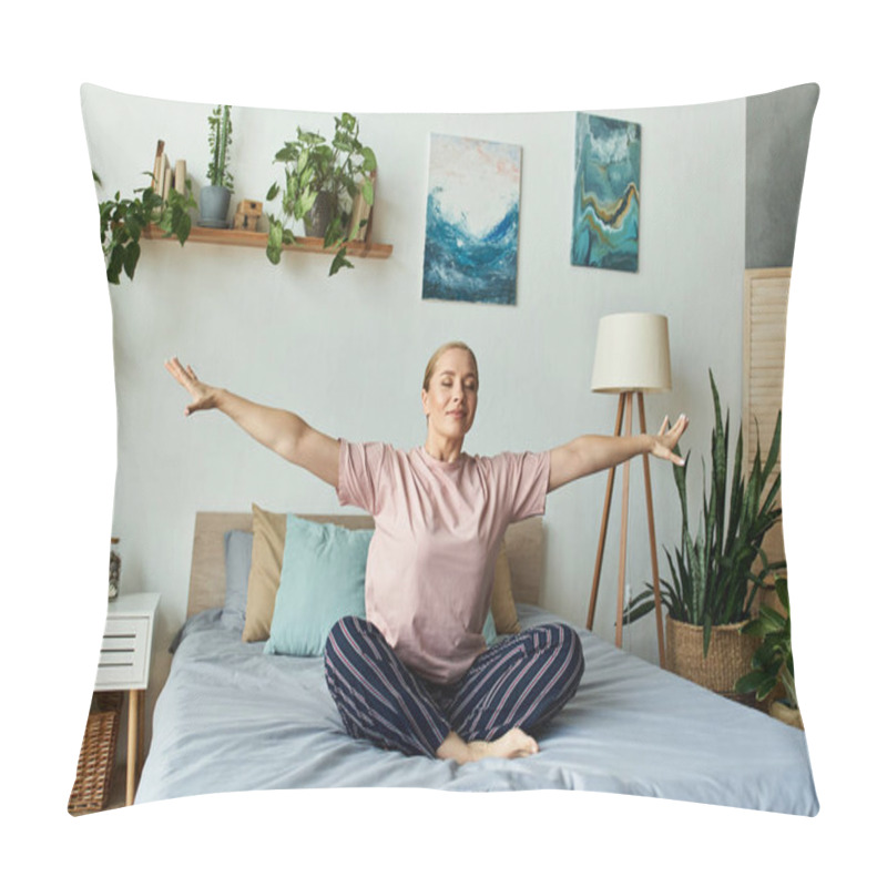 Personality  A Young Beautiful Plus Size Woman Enjoys A Peaceful Moment At Home, Surrounded By Greenery. Pillow Covers